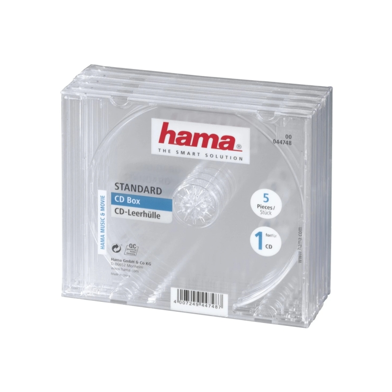 Hama Lot de 5 boîtiers CD/DVD vides - Polystyrène - 14 x 12,4 x 1,04 cm - Transparent