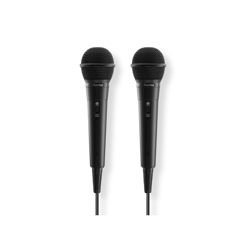 Pack de 2 microphones dynamiques Hama Karaoke - Câble de 2,5 m - 100 Hz - Prise jack 3,5 mm - Cardioïde - 600 ohms - 220 x 53 x