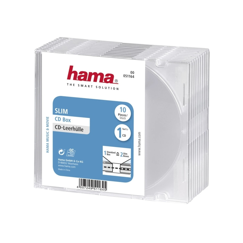 Hama Lot de 10 boîtiers CD/DVD vides et fins - Polystyrène - 12,5 x 14,2 x 0,52 cm - Transparent