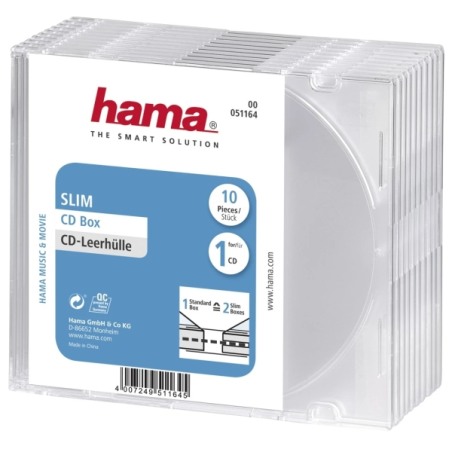 Hama Lot de 10 boîtiers CD/DVD vides et fins - Polystyrène - 12,5 x 14,2 x 0,52 cm - Transparent
