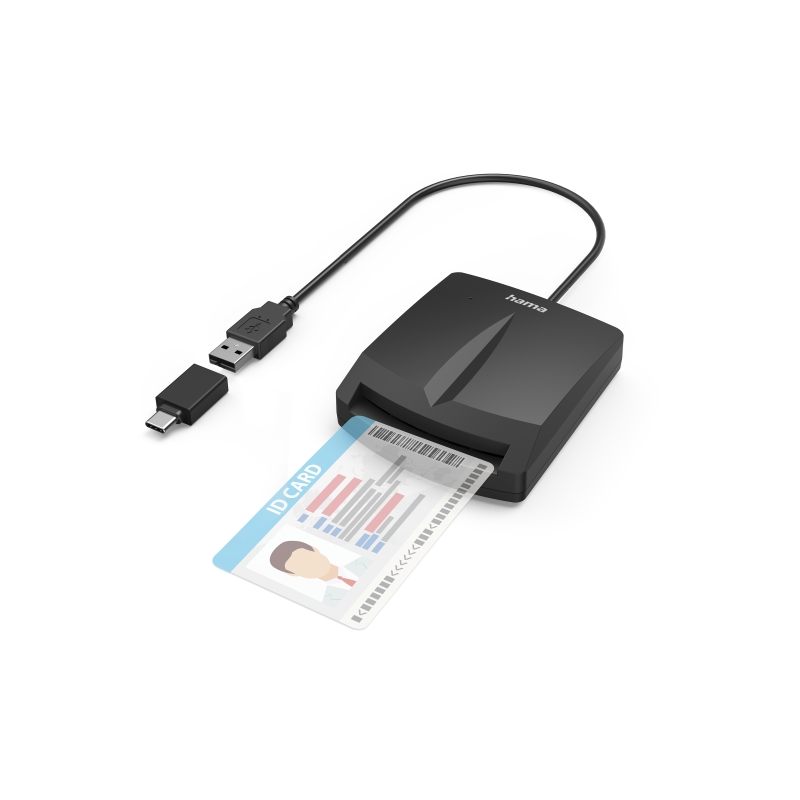 Lecteur de cartes d'identité à puce Hama - Indicateur LED - Câble USB-A intégré - Adaptateur USB-C - Noir