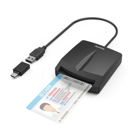 Lecteur de cartes d'identité à puce Hama - Indicateur LED - Câble USB-A intégré - Adaptateur USB-C - Noir