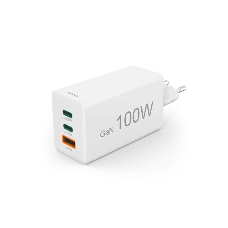 Chargeur mural Hama - Puissance 100 W - 2 ports USB-C - 1 port USB-A - Alimentation - Qualcomm - GaN - Blanc