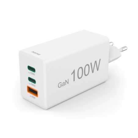 Chargeur mural Hama - Puissance 100 W - 2 ports USB-C - 1 port USB-A - Alimentation - Qualcomm - GaN - Blanc