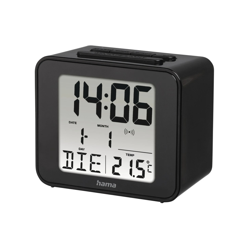 Radio-réveil Hama Cube - Affichage numérique - Thermomètre - Fonction snooze - Fuseau horaire réglable - 7 x 4 x 6 cm - Noir