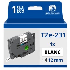 ✅ Ruban compatible BROTHER Tze-231 noir sur blanc 12 mm couleur Noir/blanc en stock