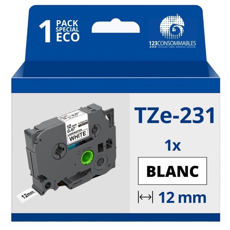 Ruban compatible BROTHER Tze-231 noir sur blanc 12 mm Ruban compatible BROTHER Tze-231 noir sur blanc 12 mm