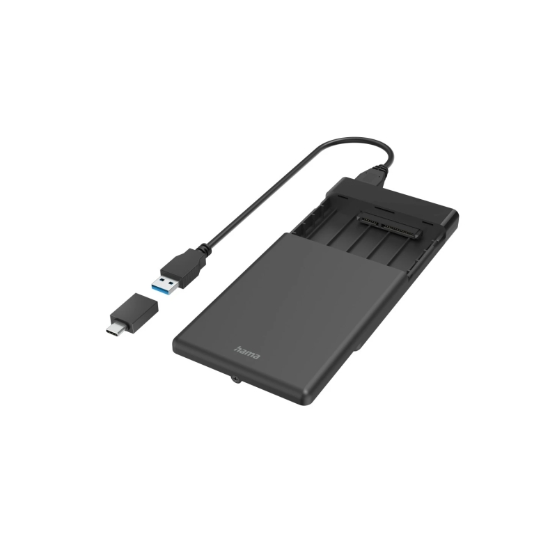 Boîtier externe Hama Essential pour SSD et HDD 2,5" - Câble USB-A de 50 cm - Vitesse jusqu'à 5 Gbit/s - Adaptateur USB-C - 13,3