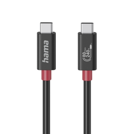 Câble USB-C mâle Hama Essential - Puissance maximale 240 W - Longueur 1 m - Vitesse jusqu'à 80 Gbit/s - Double blindage - Noir