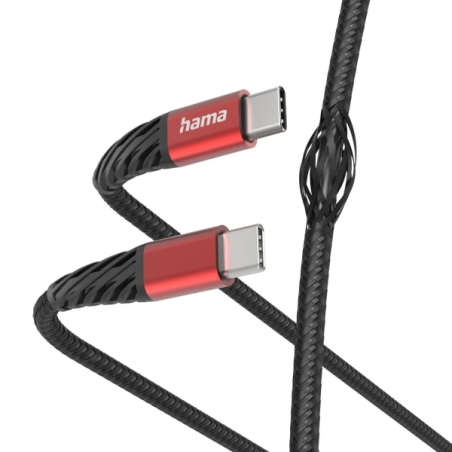 Câble USB-C mâle Hama - Puissance maximale 60 W - Longueur 1,5 m - Vitesse jusqu'à 480 Mbps - Nickelé - Noir et rouge