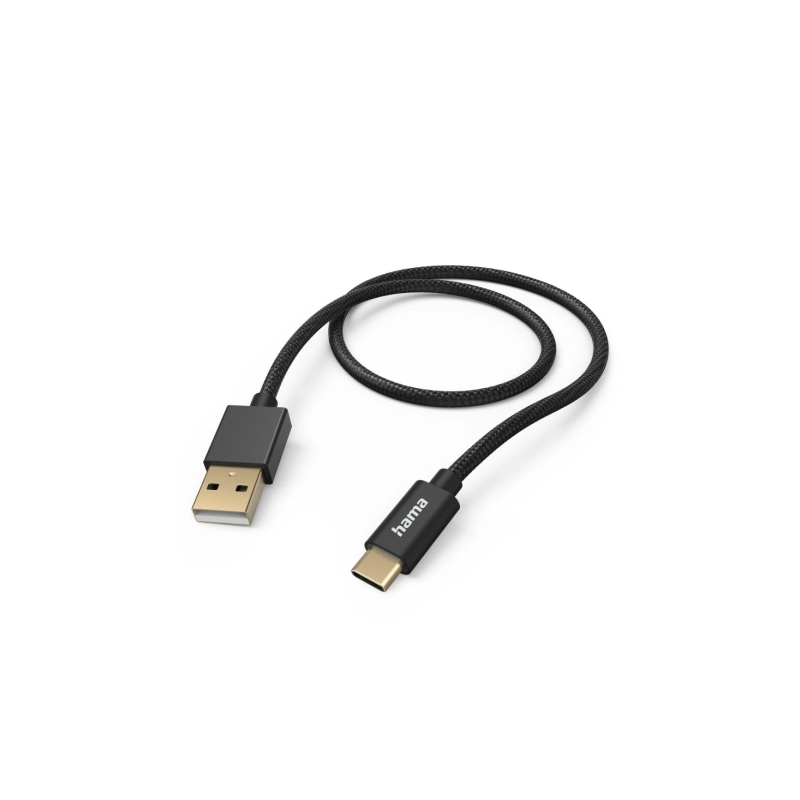 Câble USB en tissu Hama - Longueur 1,5 m - USB-A mâle - USB-C mâle - Nylon - Vitesse jusqu'à 480 Mbps - Plaqué or - Noir