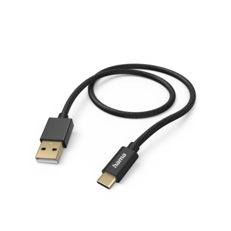 Câble USB en tissu Hama - Longueur 1,5 m - USB-A mâle - USB-C mâle - Nylon - Vitesse jusqu'à 480 Mbps - Plaqué or - Noir