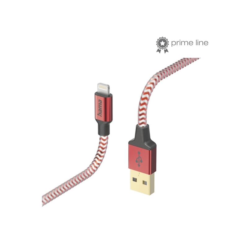 Câble de charge réfléchissant Hama - USB-A - Lightning - Longueur 1,5 m - Nylon - Vitesse jusqu'à 480 Mbps - Plaqué or - Rouge