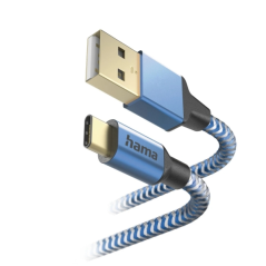 Câble USB réfléchissant Hama - Longueur 1,5 m - Connecteurs USB-A mâle et USB-C mâle - Nylon - Vitesse jusqu'à 480 Mbps - Plaqué