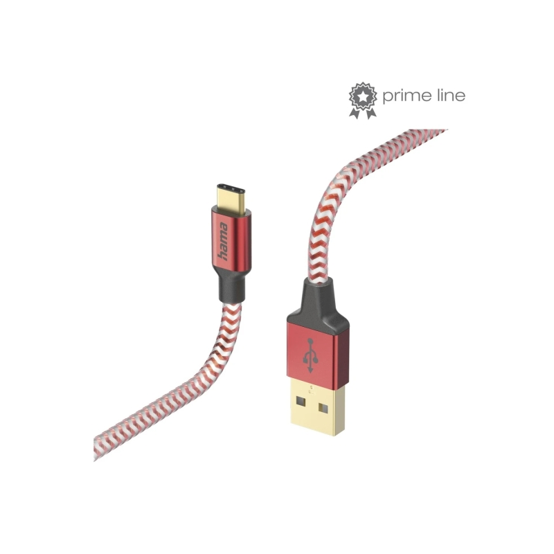 Câble USB réfléchissant Hama - Longueur 1,5 m - USB-A mâle - USB-C mâle - Nylon - Vitesse jusqu'à 480 Mbps - Plaqué or - Rouge