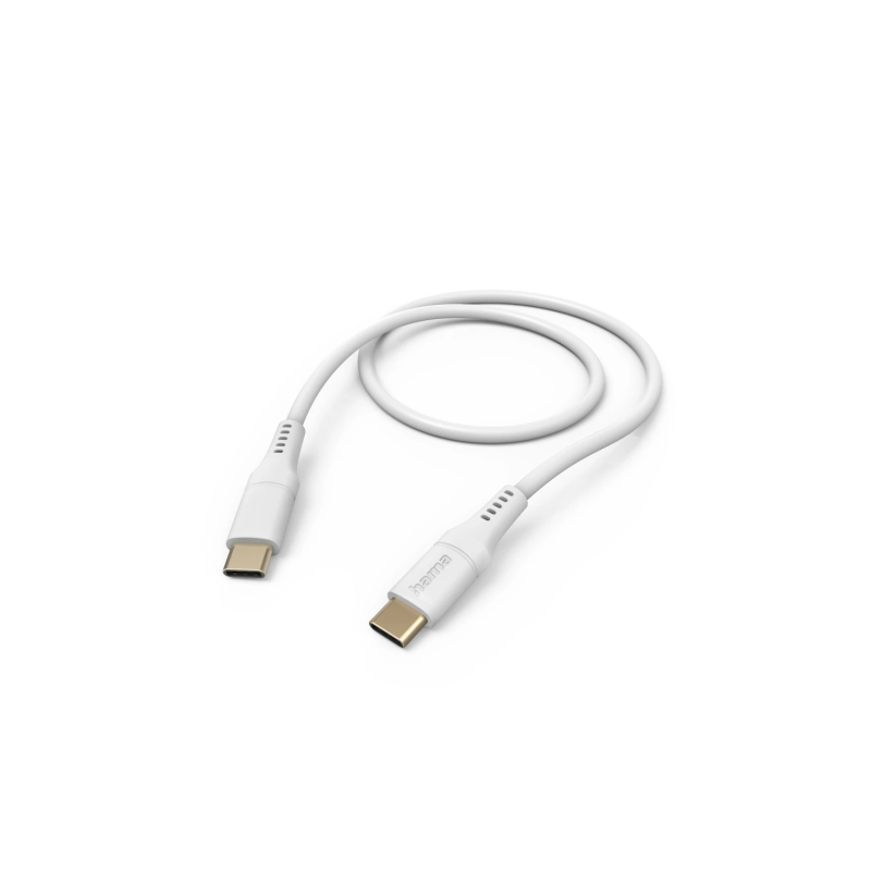 Câble USB-C mâle Hama - Puissance maximale 60 W - Longueur 1,5 m - Silicone - Vitesse jusqu'à 480 Mbps - Plaqué or - Blanc