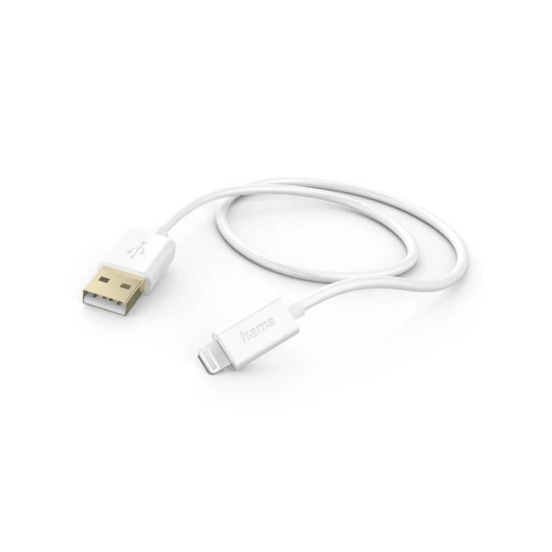 Câble de charge Hama - USB-A mâle vers Lightning - Longueur 1,5 m - Vitesse jusqu'à 480 Mbps - Plaqué or - Blanc