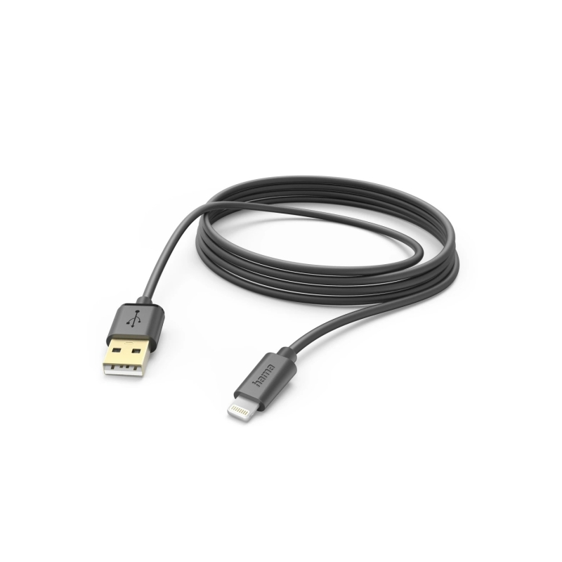 Câble de charge Hama - USB-A mâle vers Lightning - Longueur 1,5 m - Vitesse jusqu'à 480 Mbps - Plaqué or - Noir