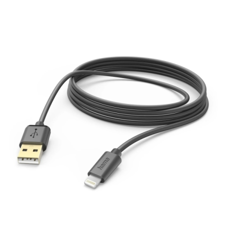 Câble de charge Hama - USB-A mâle vers Lightning - Longueur 1,5 m - Vitesse jusqu'à 480 Mbps - Plaqué or - Noir