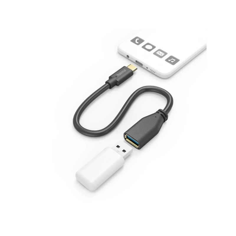 Câble adaptateur Hama USB-C vers USB-A femelle - Plusieurs vitesses - Câble de 15 cm - Accessoires inclus - Fonction OTG - Noir