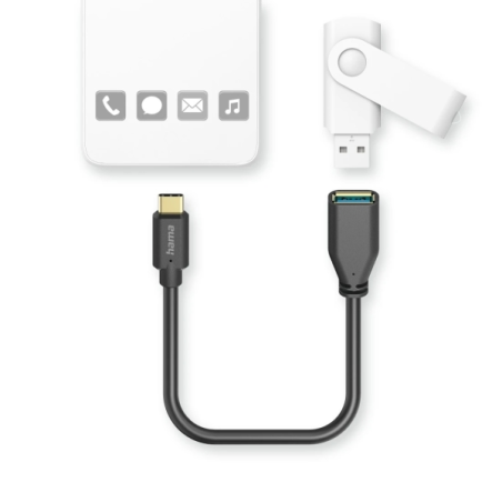 Câble adaptateur Hama USB-C vers USB-A femelle - Plusieurs vitesses - Câble de 15 cm - Accessoires inclus - Fonction OTG - Noir
