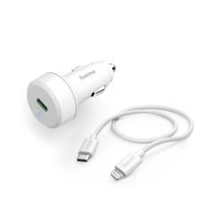 Chargeur de voiture Hama 20 W - Câble Lightning 1 m - Affichage LED - Alimentation sans fil - Blanc