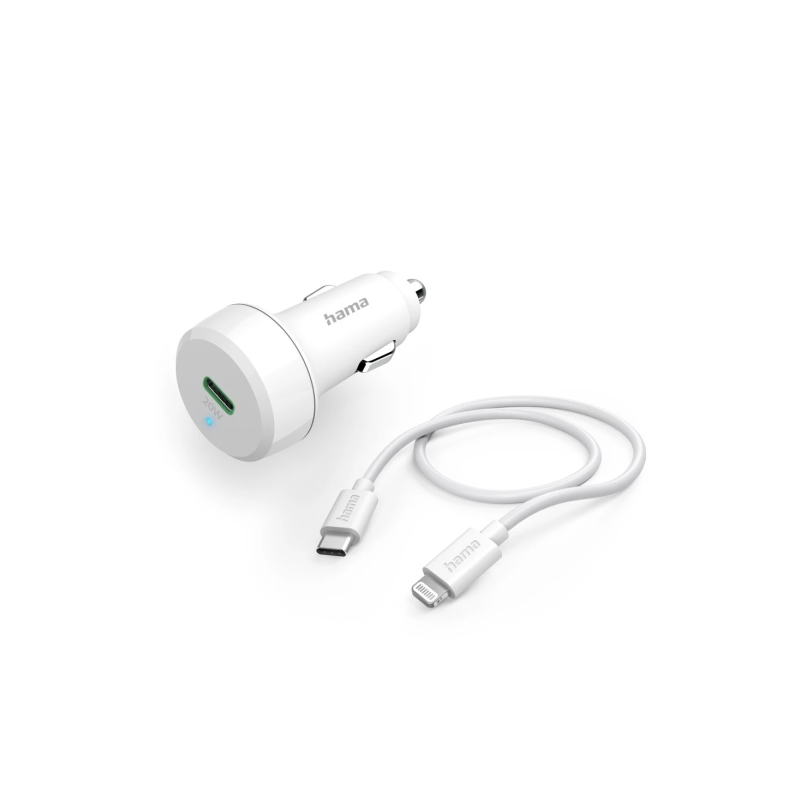 Chargeur de voiture Hama 20 W - Câble Lightning 1 m - Affichage LED - Alimentation sans fil - Blanc