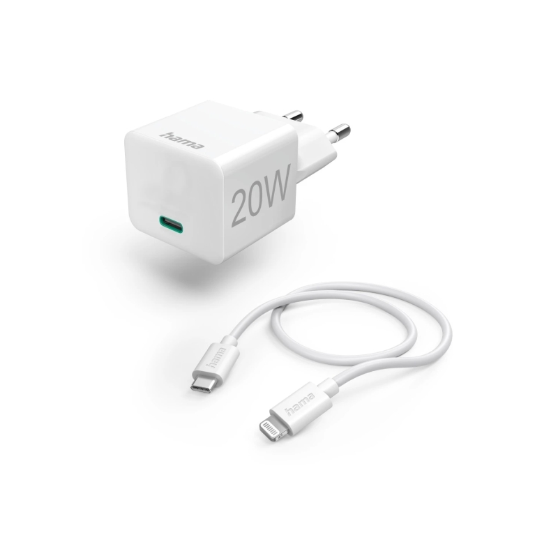 Chargeur mural Hama - Puissance 20 W - USB-C femelle - Câble USB-C mâle vers Lightning mâle de 1 m - Alimentation - Blanc