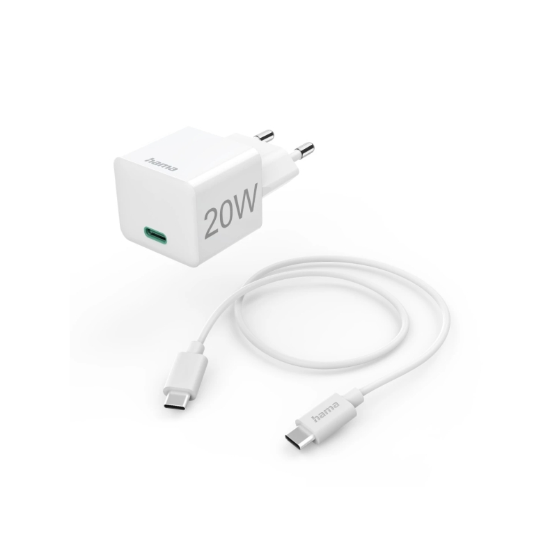 Chargeur mural Hama - Puissance 20 W - USB-C - Câble de 1 m - Alimentation - Qualcomm - Blanc