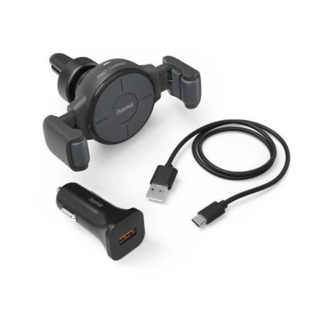Support de chargeur de voiture Hama FC10 Flex-Set - Puissance 10 W - USB-C - Charge rapide - Antidérapant - Gris