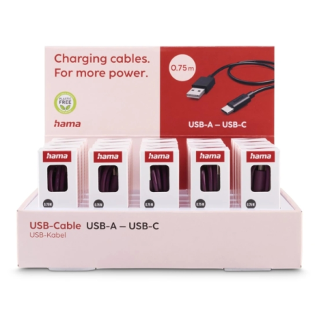 Présentoir Hama avec 20 câbles USB - USB-A mâle vers USB-C mâle - Longueur : 0,75 m - Vitesse jusqu'à 480 Mbps - Blindé - Couleu