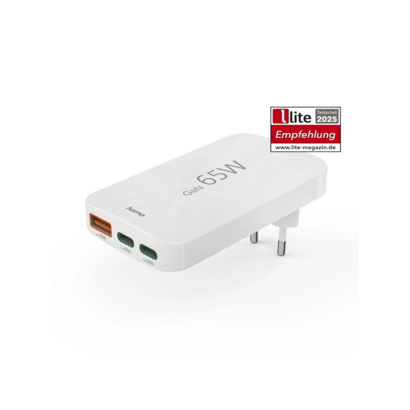 Chargeur mural Hama - Puissance 65 W - 2 ports USB-C - 1 port USB-A - Alimentation - Qualcomm - Blanc