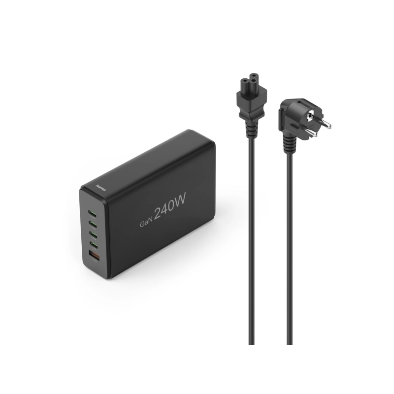 Station de charge USB Hama - Câble 1,5 m - 4 ports USB-C - 1 port USB-A - Alimentation - Qualcomm - Technologie GaN - Dimensions
