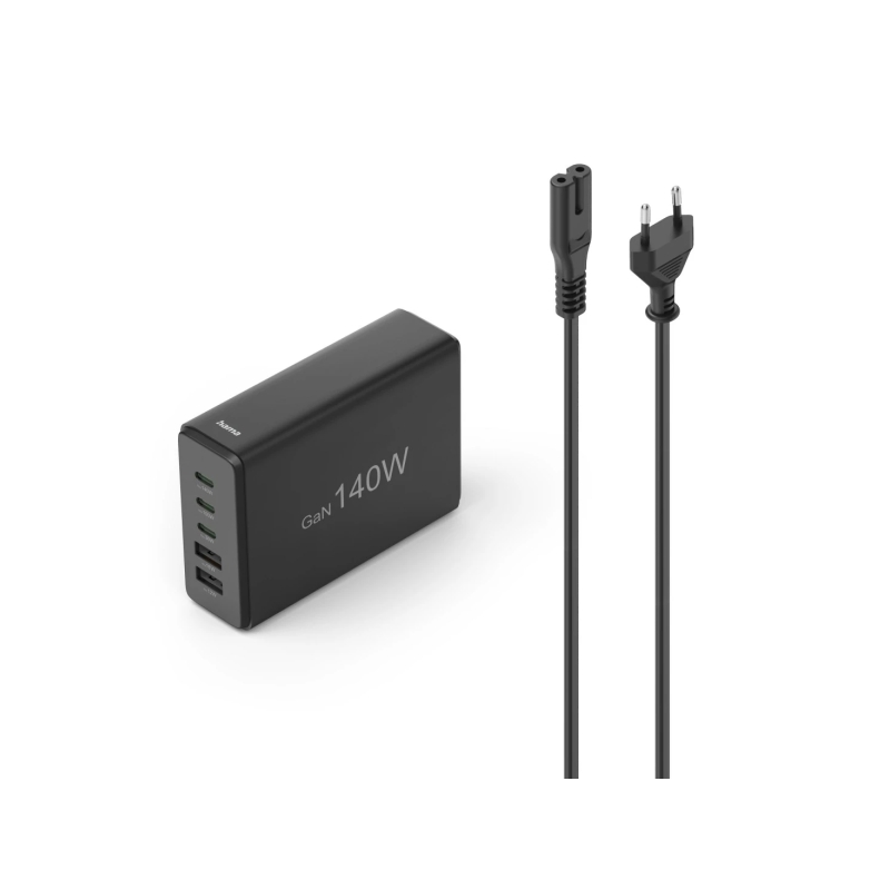 Station de charge USB Hama - 3 ports USB-C - 2 ports USB-A - Câble de 1,5 m - Alimentation - Qualcomm - GaN - Dimensions : 3,1 x