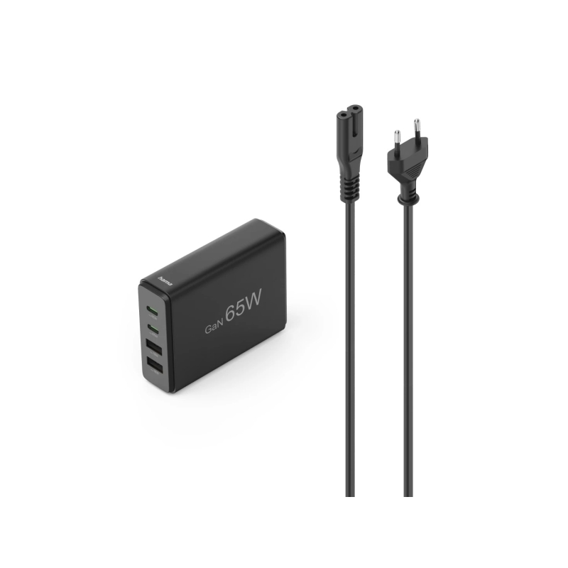 Station de charge USB Hama - Puissance 65 W - 2 ports USB-C - Câble de 1,5 cm - Alimentation - Qualcomm - GaN - Noir