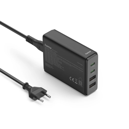 Station de charge USB Hama - Puissance 65 W - 2 ports USB-C - Câble de 1,5 cm - Alimentation - Qualcomm - GaN - Noir