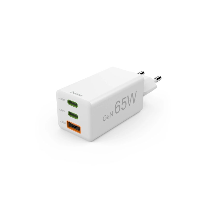 Chargeur mural Hama - Puissance 65 W - 2 ports USB-C - 1 port USB-A - Alimentation - Qualcomm - GaN - Blanc
