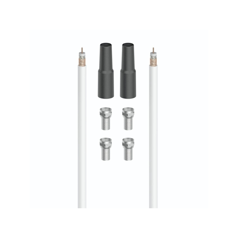 Kit de connexion satellite Hama Essential avec 7 pièces : câble coaxial de 20 m, 4 connecteurs F, 2 gaines étanches, blindage de