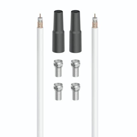 Kit de connexion satellite Hama Essential avec 7 pièces : câble coaxial de 20 m, 4 connecteurs F, 2 gaines étanches, blindage de