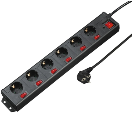 Multiprise Hama à 6 prises - Puissance maximale 3680 W - Câble de 1,4 m - Tension 250 V - Fiche Schuko coudée - Dimensions : 7,5