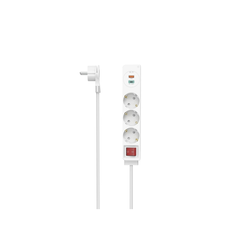 Multiprise Hama à 5 prises - Puissance maximale 3680 W - Câble de 1,4 m - 3 prises Schuko - 1 port USB-C - 1 port USB-A - Interr