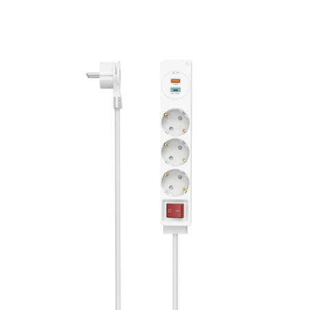 Multiprise Hama à 5 prises - Puissance maximale 3680 W - Câble de 1,4 m - 3 prises Schuko - 1 port USB-C - 1 port USB-A - Interr