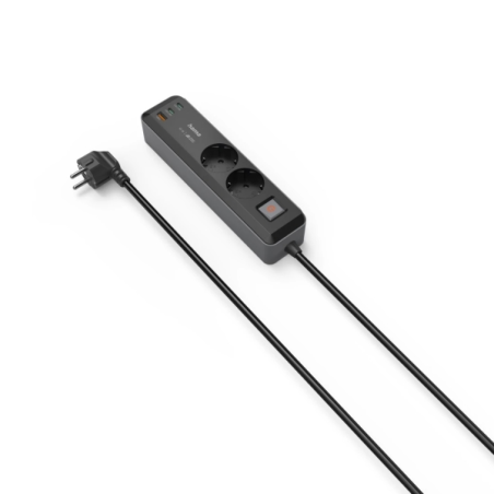 Multiprise Hama à 5 prises - Puissance maximale 3680 W - Câble de 1,4 m - 2 prises Schuko - 2 ports USB-C - 1 port USB-A - Inter