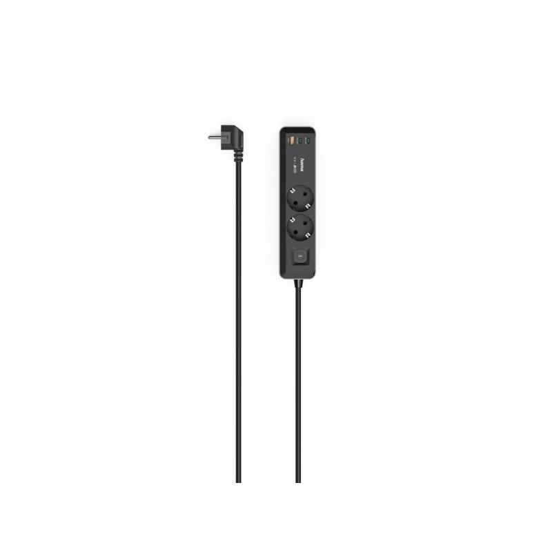 Multiprise Hama à 5 prises - Puissance maximale 3680 W - Câble de 1,4 m - 2 prises Schuko - 2 ports USB-C - 1 port USB-A - Inter