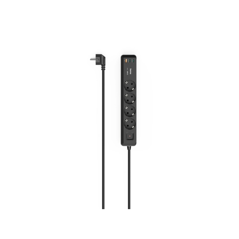 Multiprise Hama à 7 prises - Puissance maximale 3680 W - Câble de 1,4 m - 4 prises Schuko - 2 ports USB-C - 1 port USB-A - Inter