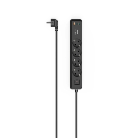 Multiprise Hama à 7 prises - Puissance maximale 3680 W - Câble de 1,4 m - 4 prises Schuko - 2 ports USB-C - 1 port USB-A - Inter