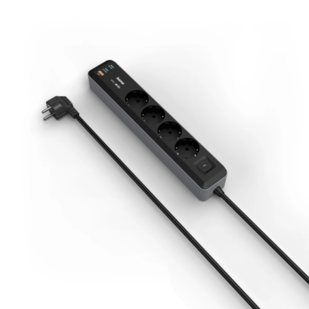 Multiprise Hama à 7 prises - Puissance maximale 3680 W - Câble de 1,4 m - 4 prises Schuko - 2 ports USB-C - 1 port USB-A - Inter