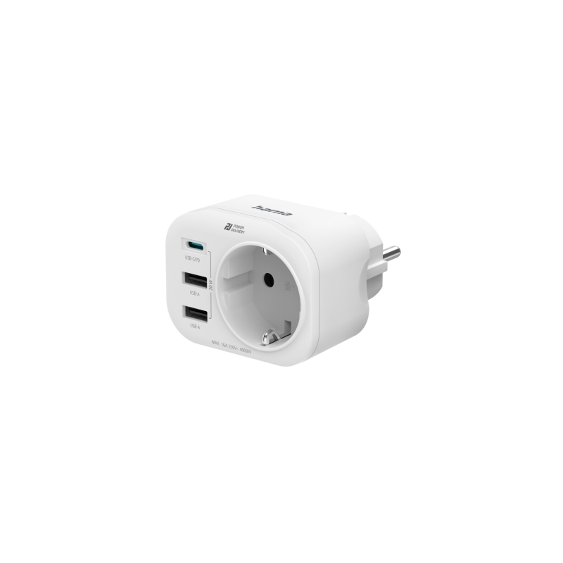 Multiprise murale Hama à 4 prises : 1 prise Schuko, 2 prises USB-A, 1 prise USB-C, alimentation USB 20 W, blanche.