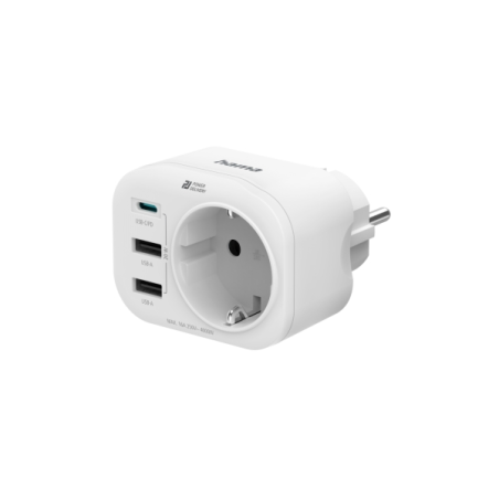 Multiprise murale Hama à 4 prises : 1 prise Schuko, 2 prises USB-A, 1 prise USB-C, alimentation USB 20 W, blanche.
