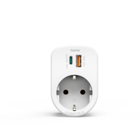 Multiprise Hama à 3 prises - Puissance maximale 3680 W - 1 prise Schuko - 1 prise USB-C - 1 prise USB-A - Alimentation - Blanche